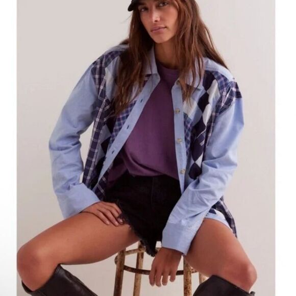 Free People We The Free Argyle Plaid Shirt Oversized Preppy Button size medium - Picture 3 of 9